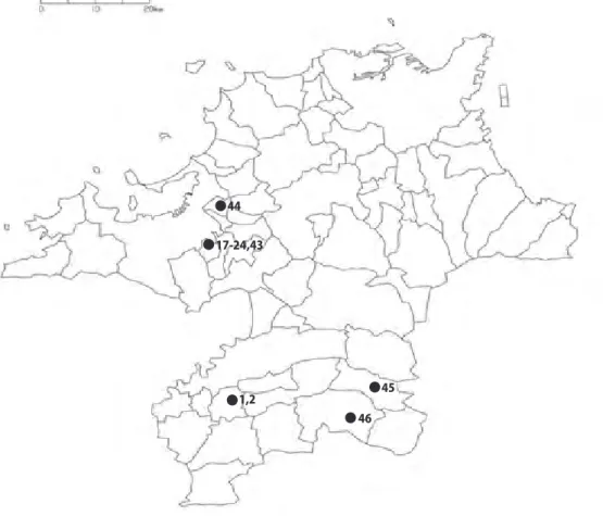 Fig 1. Exploration sites in Fukuoka Prefecture           ●：collection sites and collection number           福岡県における調査収集地点           ●：調査収集地点および収集番号  15,16 1444 461,2  4517-24,431347